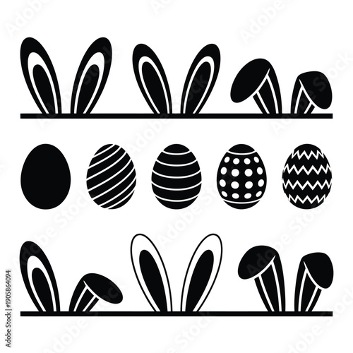 Black and white illustration of easter eggs and rabbit ears design