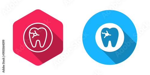 Filled and outline Tooth with caries icon isolated with long shadow background. Tooth decay. Vector