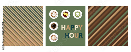 Design for cafe or coffee shop menu. Background minimal and modern. Matcha green tea, americano, cappuccino, latte art