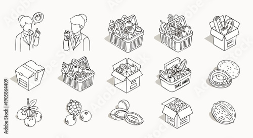 Isometric line art icons for fresh fruit delivery, grocery shopping, and produce packaging. Features baskets, boxes, various fruits, and staff, ideal for food logistics.