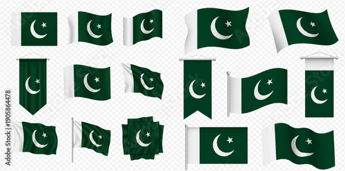 Set of Pakistan flags in various shapes and waving styles on transparent background.