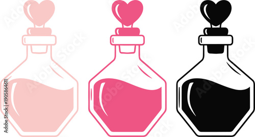 Stylized potion bottles with heart stoppers in pink and black colors, symbolic cartoon illustration representing love, romance, and Valentine artwork