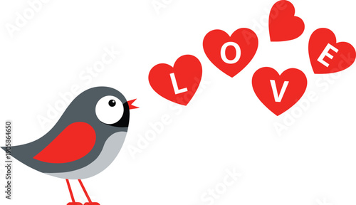 Whimsical bird illustration with red feathers singing hearts spelling love, playful romantic design concept for Valentine greeting or decorative artwork