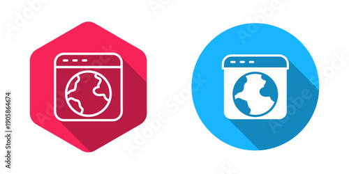 Filled and outline Worldwide icon isolated with long shadow background. Pin on globe. Vector