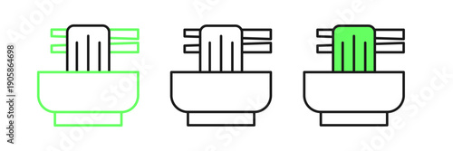 Set line Asian noodles in bowl and chopsticks icon isolated on white background. Street fast food. Korean, Japanese, Chinese food. Vector