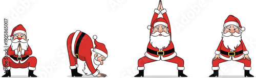 Cartoon Santa Claus in various yoga poses red and white suit black belt