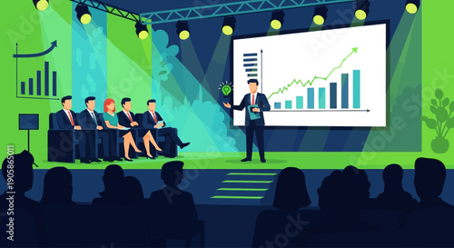An engaging flat design illustration depicting a startup pitch competition at a major entrepreneurial event, where an innovator presents their business concept to a panel of judges