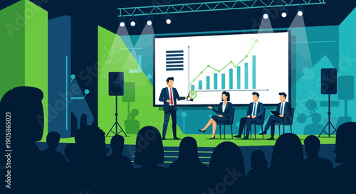 An engaging flat design illustration depicting a startup pitch competition at a major entrepreneurial event, where an innovator presents their business concept to a panel of judges