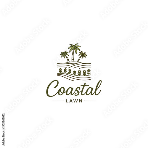 Line art emblem for coastal lawn services with palm trees, rolling landscape, and plants