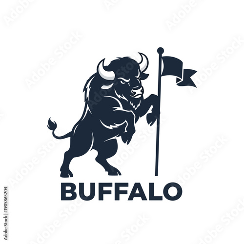 Powerful Bison Mascot Rearing Up, Holding a Flag, Dynamic Vector Illustration