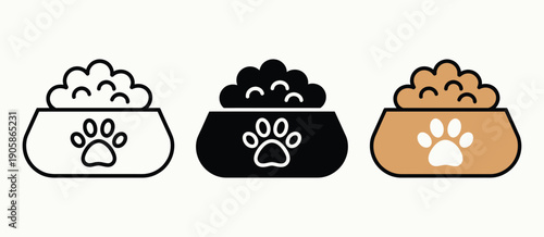 Dog food bowl icons in white, black, and brown with paw print, vector illustrations for pet feeding, animal care, pet shop branding, and digital design projects.