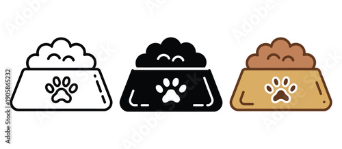 Dog food bowl icons in white, black, and brown with paw print, modern vector graphics for pet stores, veterinary clinics, dog care, feeding time, and social media content.