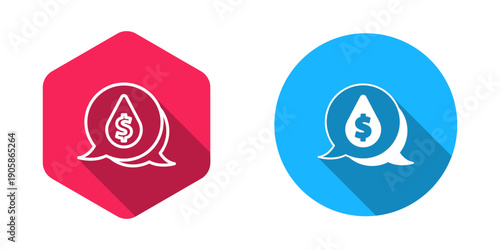 Filled and outline Oil drop with dollar symbol icon isolated with long shadow background. Oil price. Oil and petroleum industry. Vector