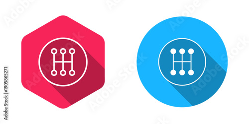 Filled and outline Gear shifter icon isolated with long shadow background. Manual transmission icon. Vector