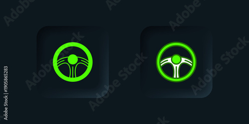 Green Racing steering wheel icon isolated on black background. Car wheel icon. Black square button. Vector