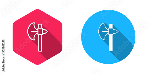 Filled and outline Medieval axe icon isolated with long shadow background. Battle axe, executioner axe. Medieval weapon. Vector