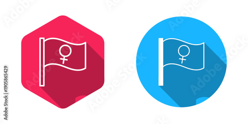 Filled and outline Female movement, feminist activist with banner and placards icon isolated with long shadow background. Feminist rights movement, feminism sisterhood. Vector