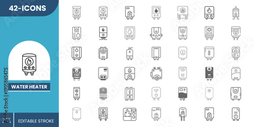Water Heater Icon Set Editable – Modern Geyser, Boiler & Heating Appliance Icons for Bathroom, Kitchen & Home Systems.
