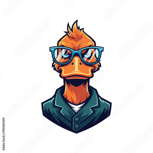 Vector illustration of an anthropomorphic smart duck character wearing stylish glasses and a jacket, isolated on white.