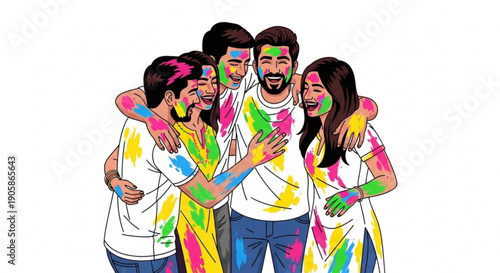 Diverse group of friends celebrating Holi festival with colorful powder happy people embracing concept of joy and togetherness isolat