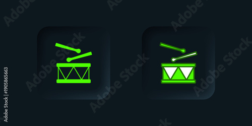 Green Drum with drum sticks icon isolated on black background. Music sign. Musical instrument symbol. Black square button. Vector