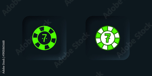 Green Casino chips icon isolated on black background. Casino gambling. Black square button. Vector