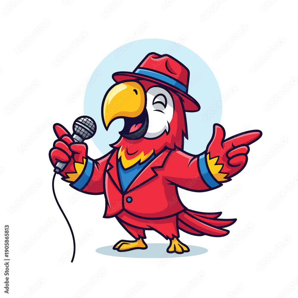 Naklejka premium Cheerful cartoon parrot character singing into microphone with fedora hat; vibrant vector illustration of a performer.