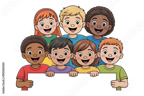 Diverse group of happy children holding a blank sign, ready for text