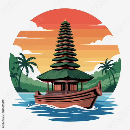 Balinese Temple Island Landscape Illustration