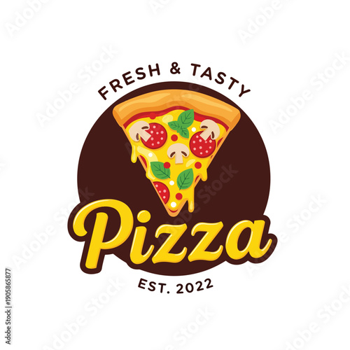 Vector illustration of a delicious pizza slice logo with fresh toppings and melted cheese