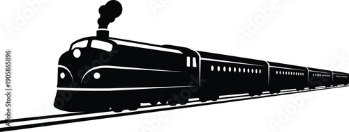 Vintage, passenger, train, locomotive, silhouette, with, carriages, railway, transport, vehicle, isolated, on, white, background, retro, travel, vector, illustration, design, icon