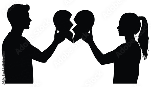 A stark, graphic silhouette illustration depicting two figures, a man and a woman, standing opposite each other and holding the two halves of a broken heart, each presenting their piece