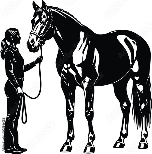 Woman with horse silhouette illustration, equestrian training scene, female handler leading stallion, black and white vector, animal care concept