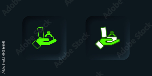 Green Diamond engagement ring in a box icon isolated on black background. Black square button. Vector