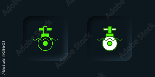 Green Submarine icon isolated on black background. Military ship. Black square button. Vector