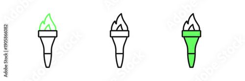 Set line Torch flame icon isolated on white background. Symbol fire hot, flame power, flaming and heat. Vector