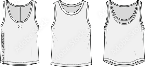 Set of Blank Female Tank Top Technical Flat Sketches, Sleeveless Vest Apparel Mockup, Scoop Neck Top Vector Illustration for Design