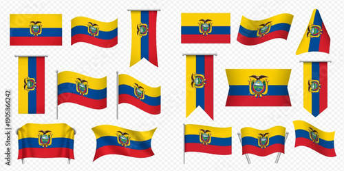 Collection of waving Ecuador flags in various shapes and positions, isolated on a transparent background, representing national pride and identity.