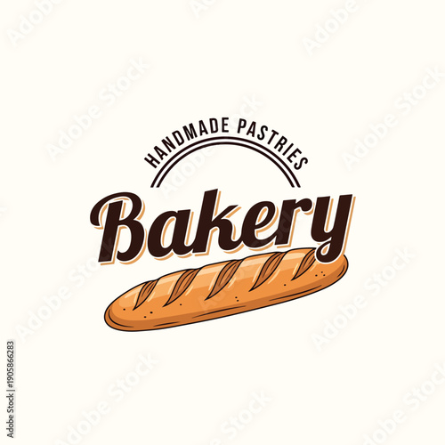 Handcrafted bakery logo illustration featuring a fresh baguette and 'Handmade Pastries' text
