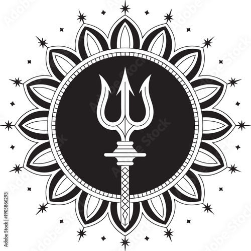 Trident with Floral Mandala and Star Elements Hindu Symbol