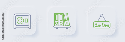 Set line From 9 to 5 job, Office folders and Safe icon. Vector