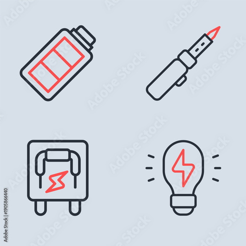 Set line Soldering iron, Electrical panel, Creative lamp light idea and Battery charge icon. Vector