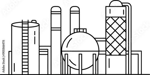 A detailed illustration of a large industrial facility with multiple chimneys and storage tanks.