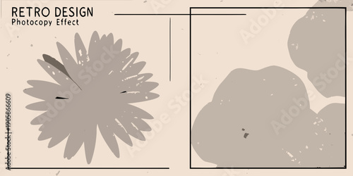 Abstract botanical illustration with a retro photocopy effect and geometric lines