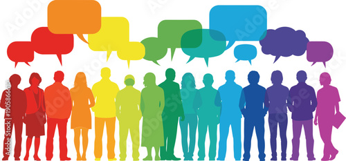 Diverse group of people silhouettes in rainbow colors with overlapping speech bubbles diversity