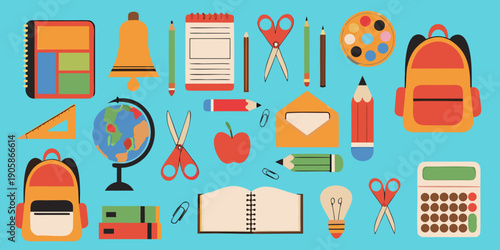Colorful school supplies arranged on a vibrant blue background