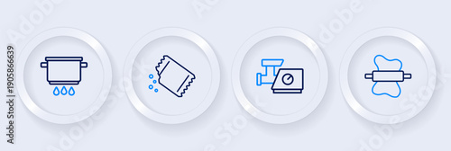 Set line Rolling pin on dough, Kitchen meat grinder, Packet of pepper and Cooking pot fire icon. Vector