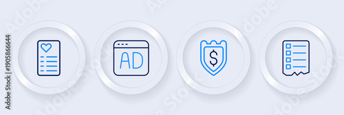 Set line Shopping list, Shield with dollar, Advertising and icon. Vector