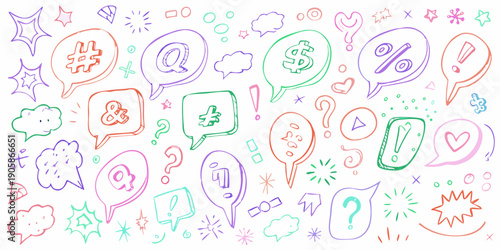 Colorful doodle set featuring symbols speech bubbles and various hand drawn elements