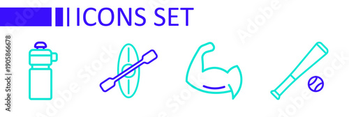 Set line Baseball bat with ball, Bodybuilder showing his muscles, Kayak and paddle and Fitness shaker icon. Vector